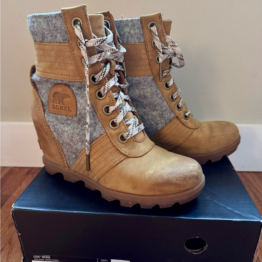 Sorel PDX Lace up Wedge Lexie Wedge Elk Tan Brown Grey 7.5